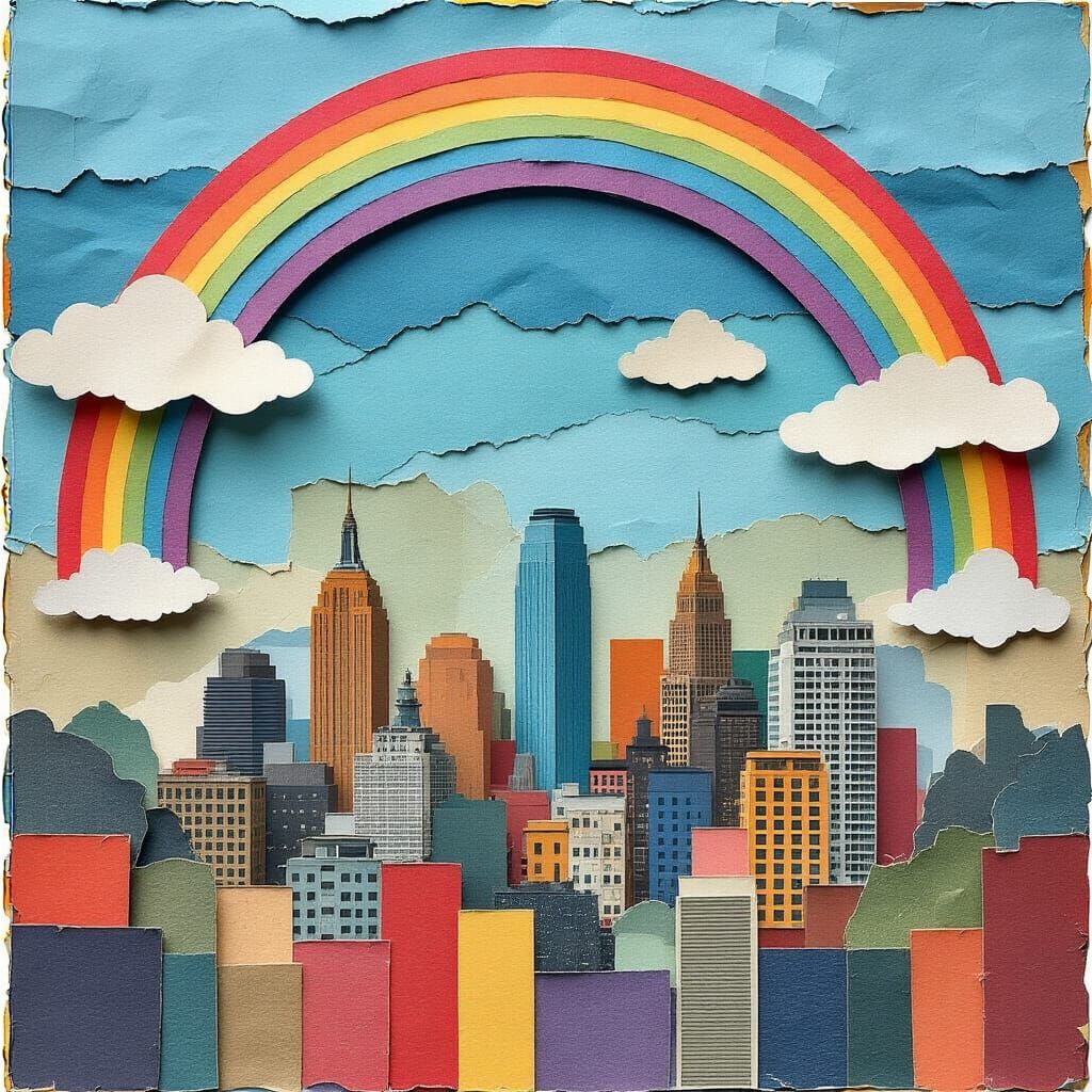 Rainbow Over Cityscape Collage with Layered Paper Textures