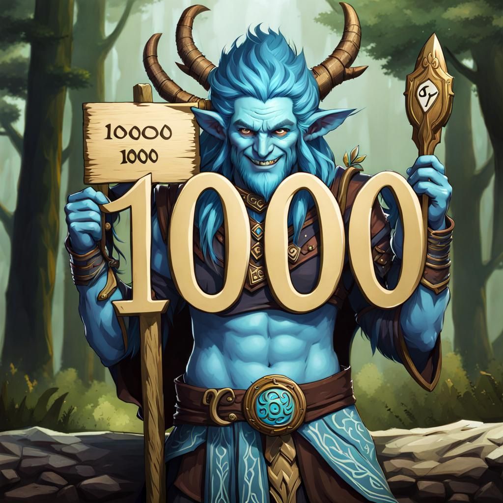 Happy Blue Firbolg Druid Celebrates Milestone