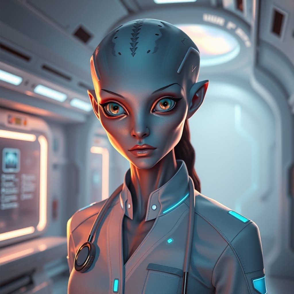Beautiful Alien Doctor in Futuristic Medical Bay