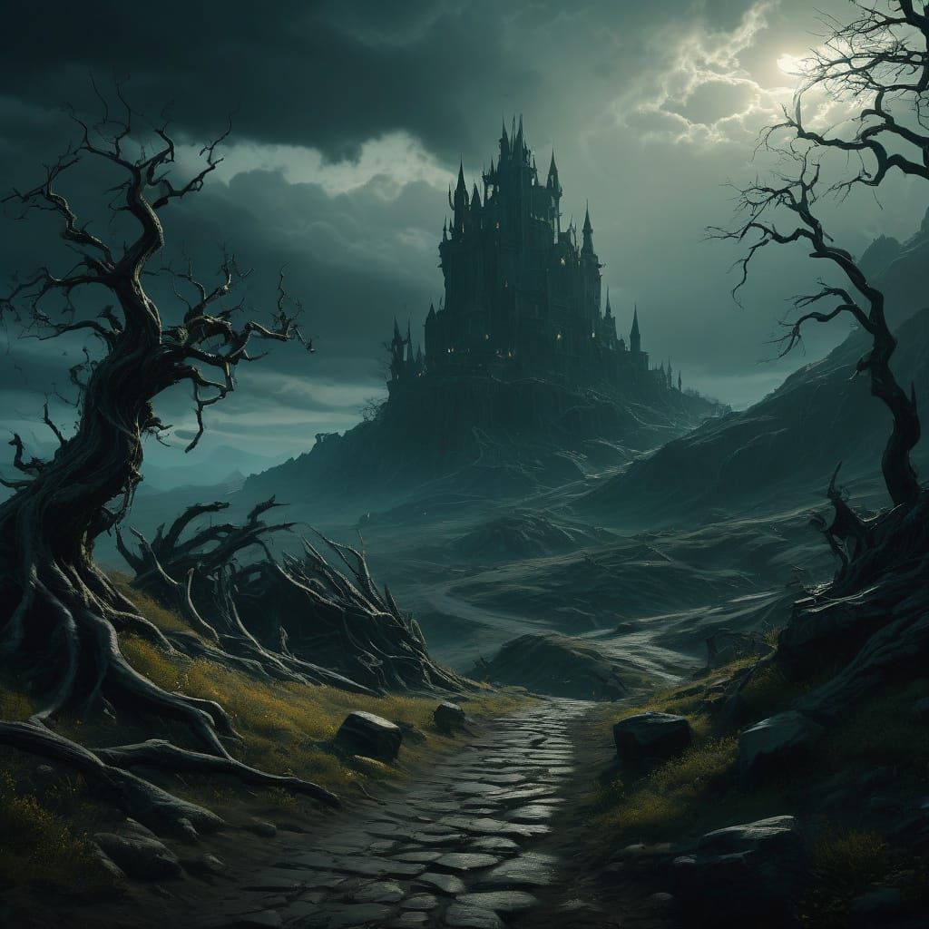 Medieval Spectral Figure in Beksiński-Inspired Landscape