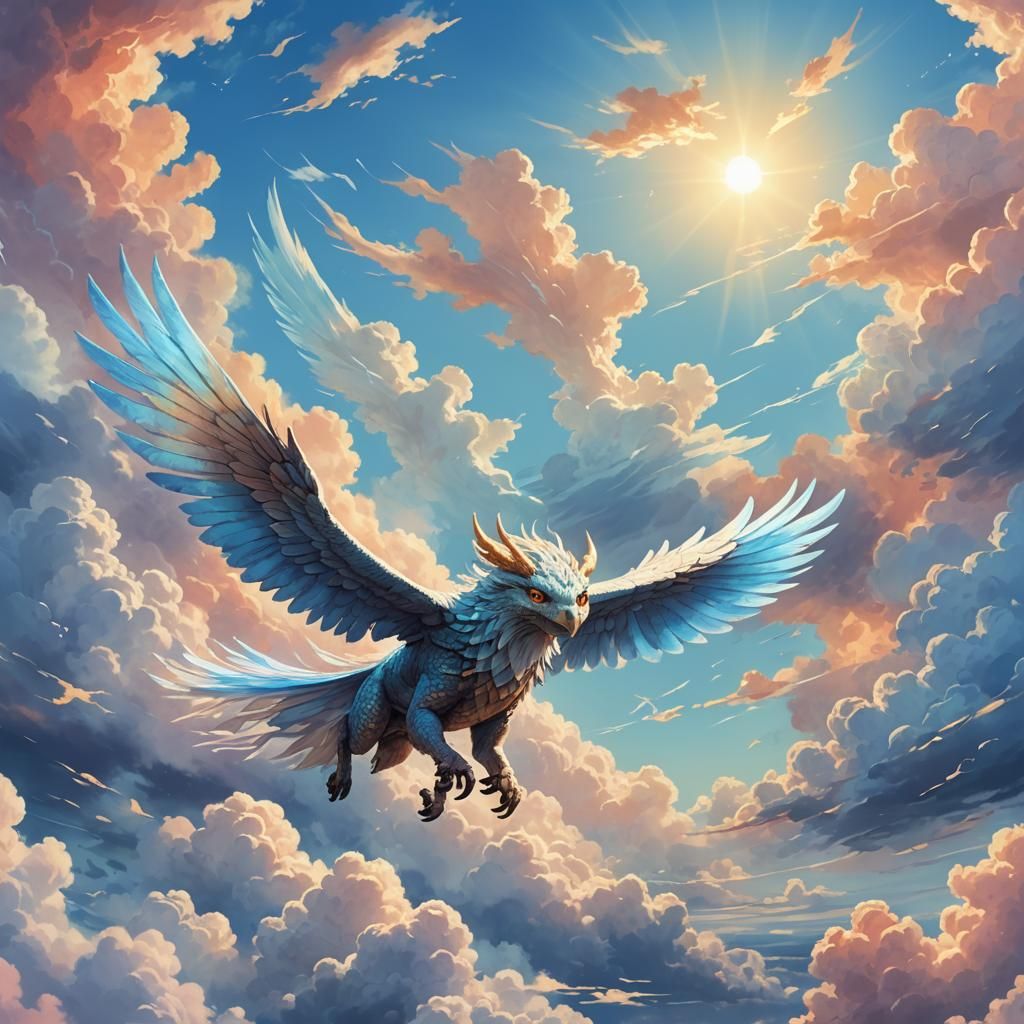 Winged Creature Soaring Through Sky in Watercolor Style