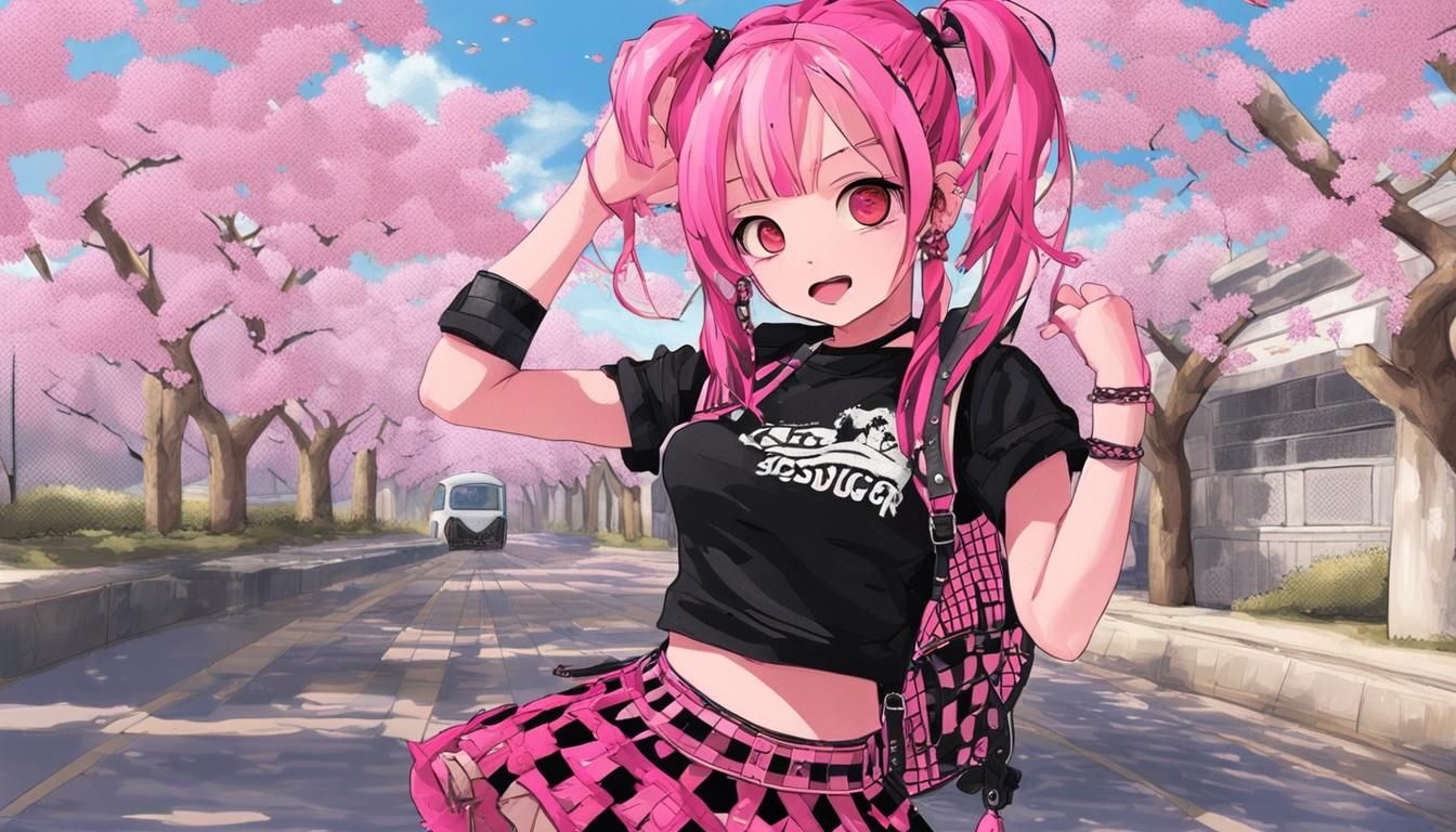 Punk Girl in Cherry Blossoms: Anime Art