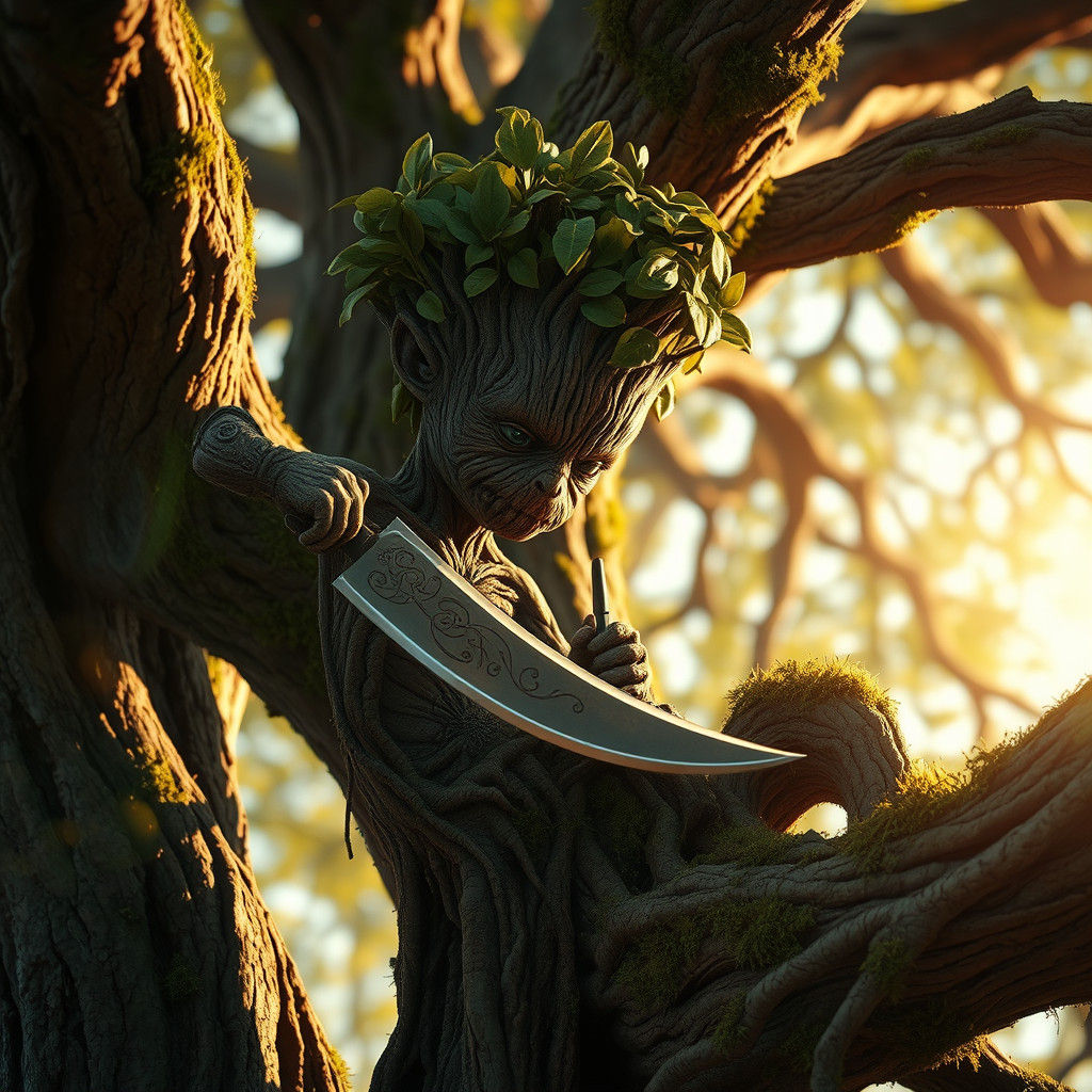 Humanoid Tree Sharpening Sword at Golden Hour