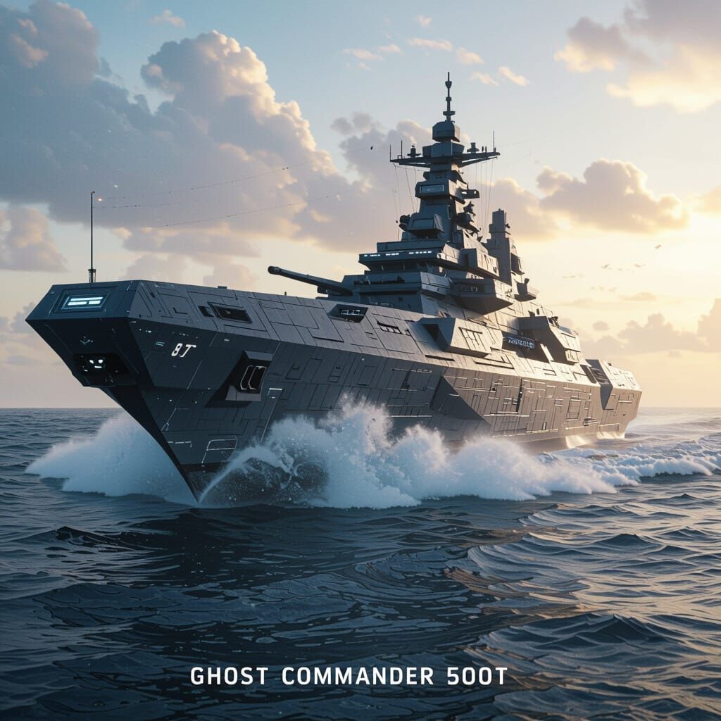 Futuristic Battleship on Stormy Seas in Cinematic Style