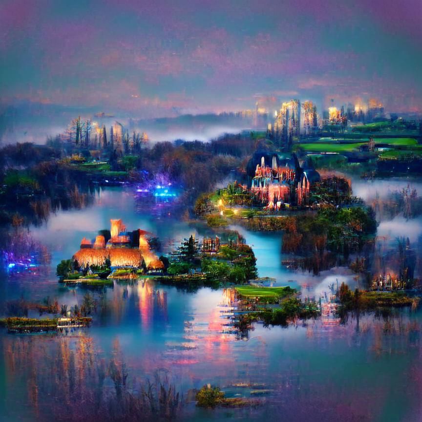 Cyberpunk Castle on Lake at Night in 8K