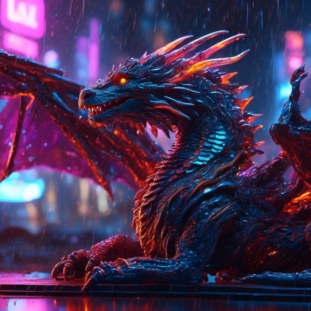 Cyberpunk Biomechanical Dragon Baby Sleeping in Rain