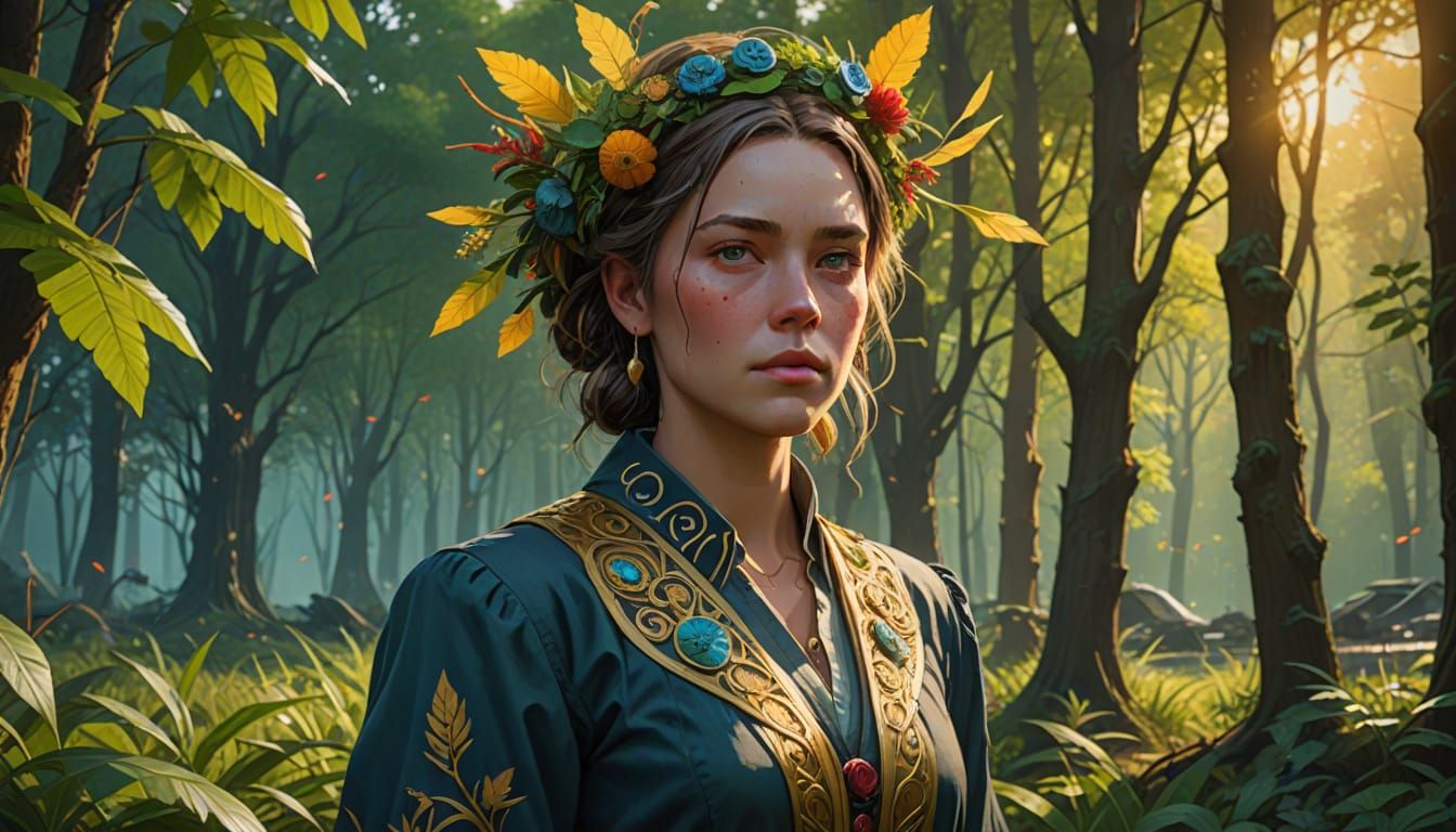 Elegant Woman in Lush Environment: Digital Concept Art