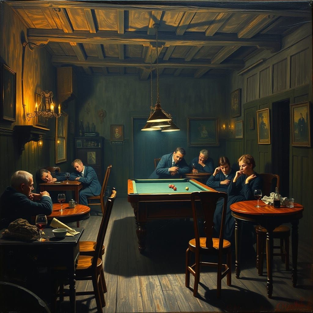 Late Night Rural Tavern in 19th Century France, in Neo-Impre...