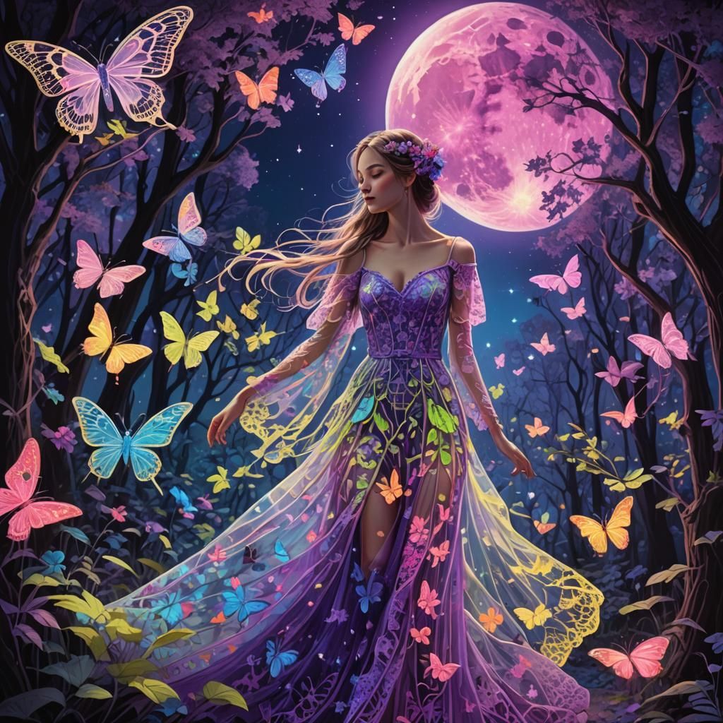 Woman in Neon Lace Dress in Fluorescent Forest