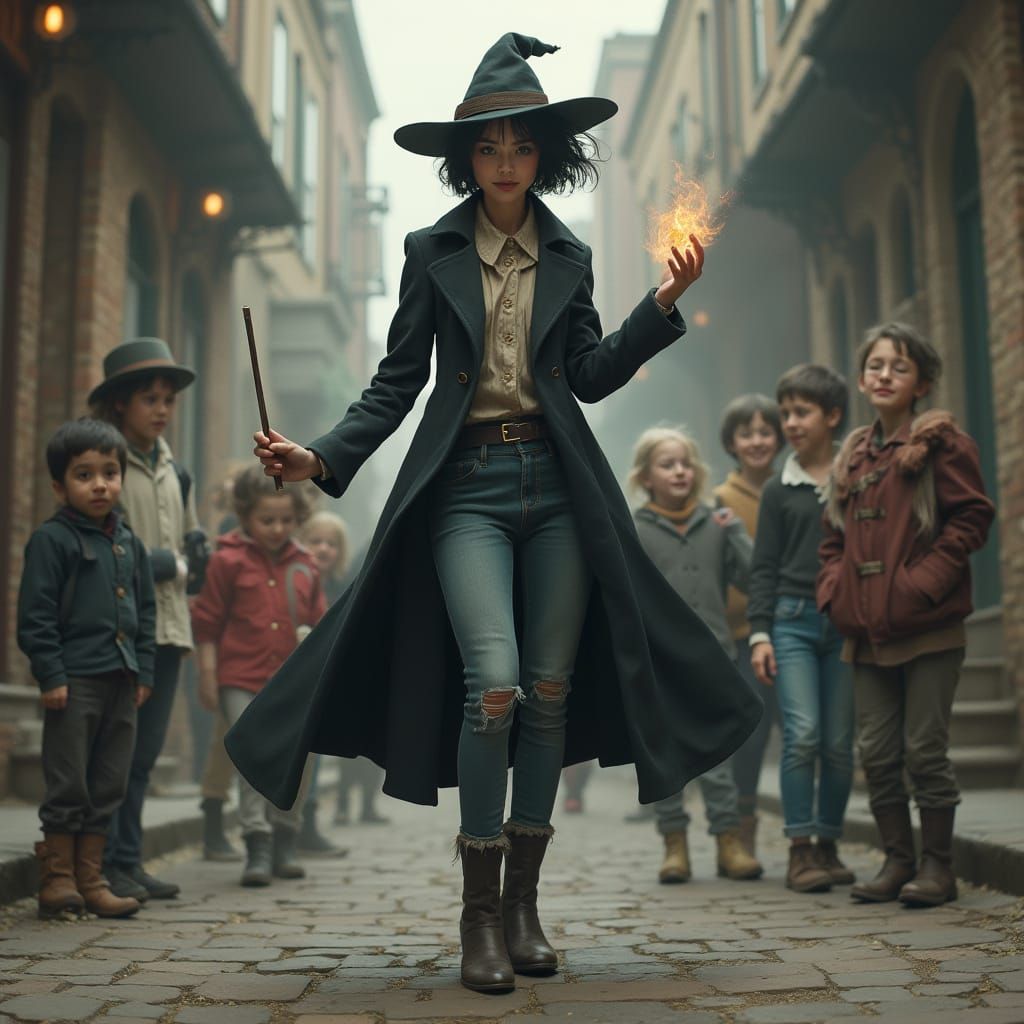 Tim Burton Style Portrait of a Young Woman Performing Magic