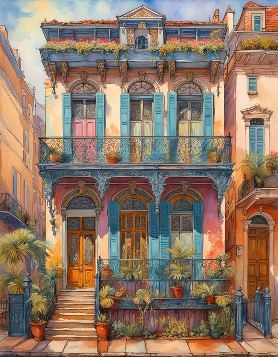 New Orleans French Quarter House in Watercolour Style