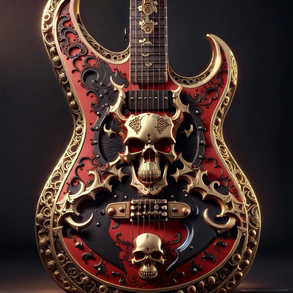 Electric guitar with skull design on body,super detailed,gol...