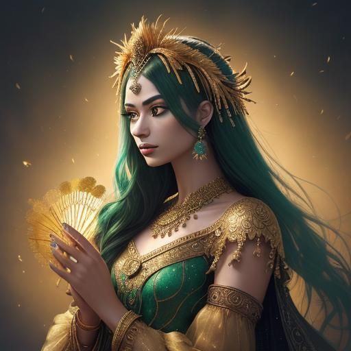 Golden Woman with Peacock Feathers, Digital Art