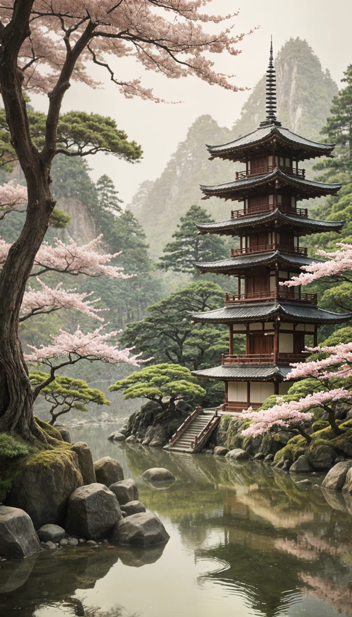 Japanese Buddhist Pagoda in Zen Garden with Sakura Tree