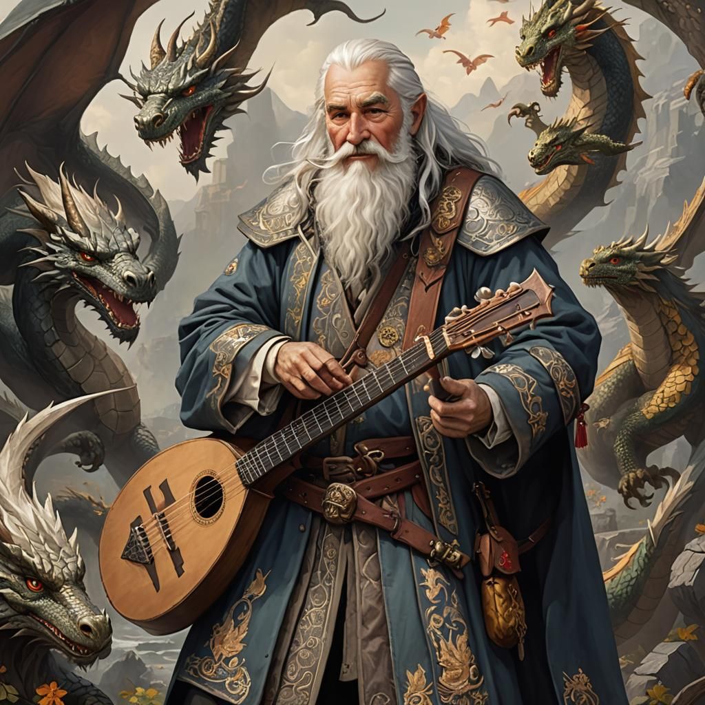 Friendly Old Bard with Dragon Embroidery and Lute