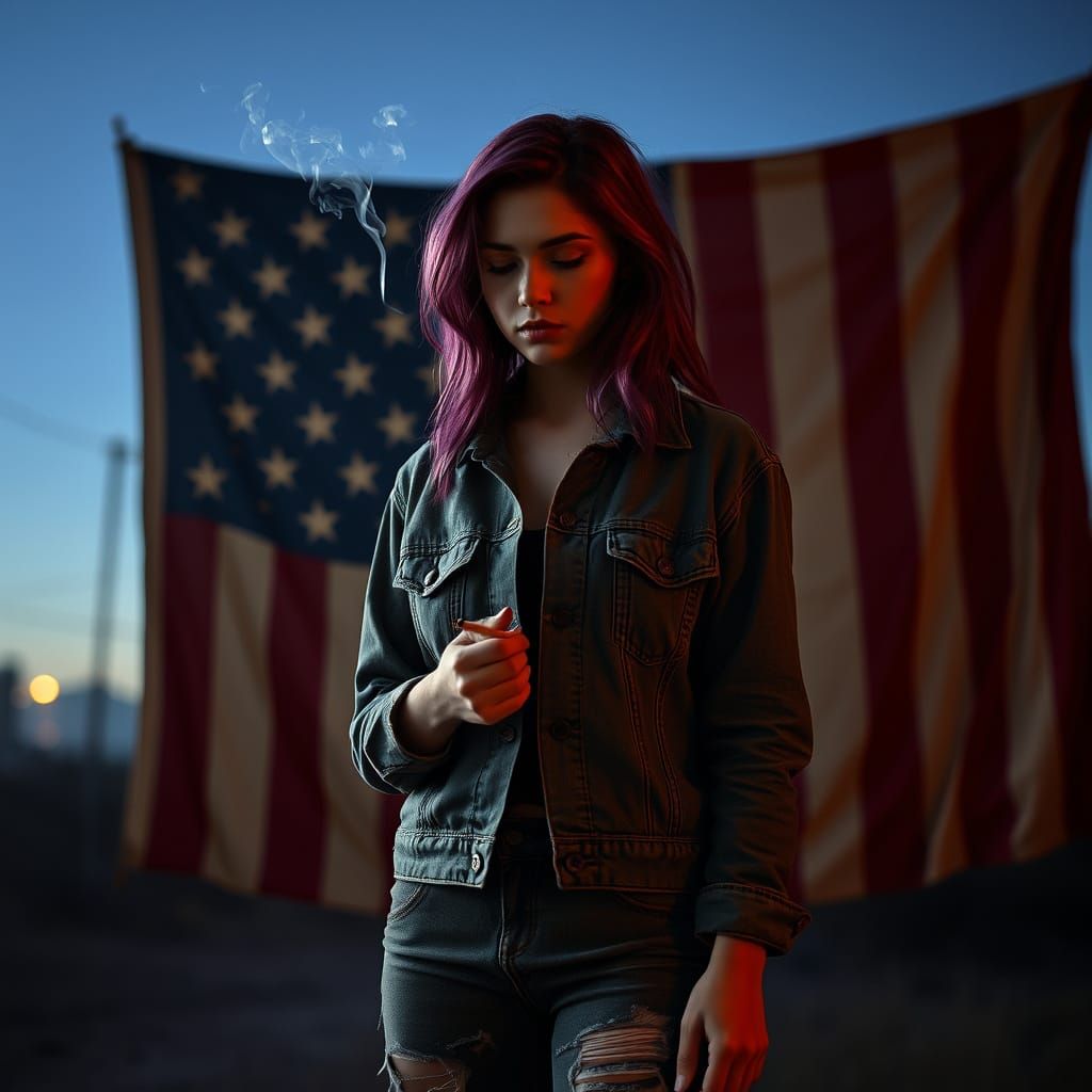 Rebellious Young Woman in Front of a Faded American Flag