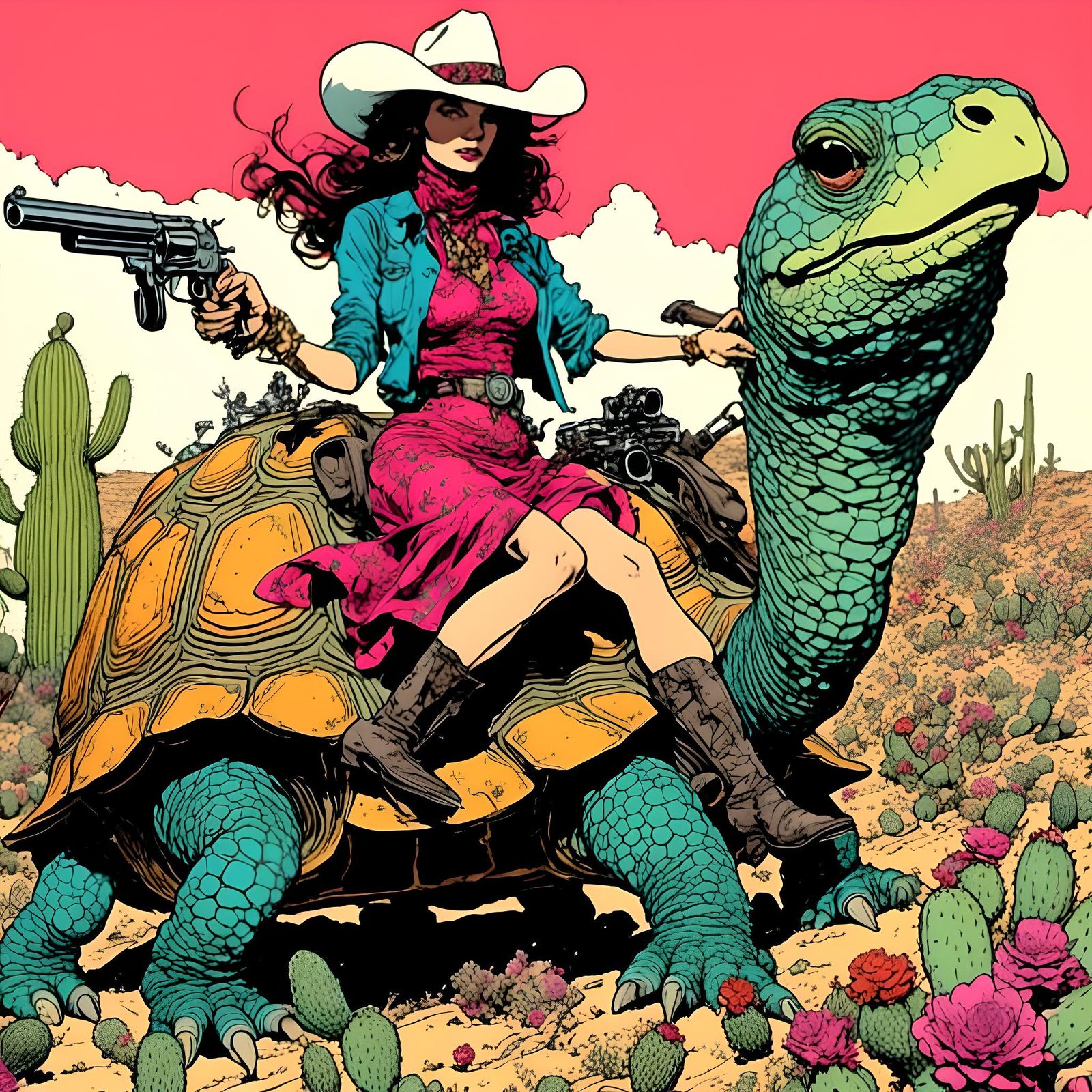 Cowgirl riding a turtle through the blooming desert