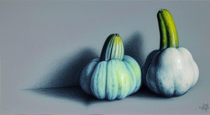 Warty White Gourds in Chalk and Charcoal Drawing