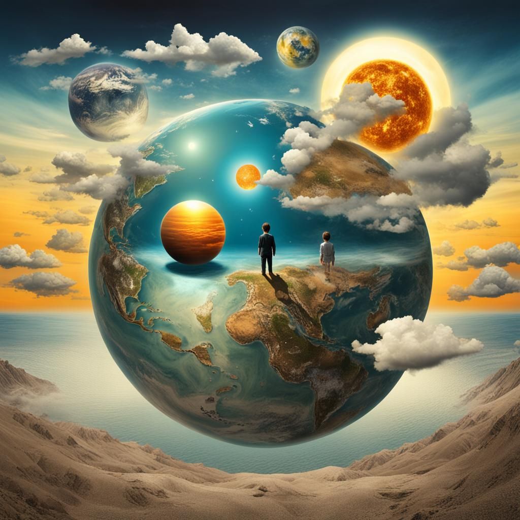 Surreal Planet Duality: Man Gazing at Earth