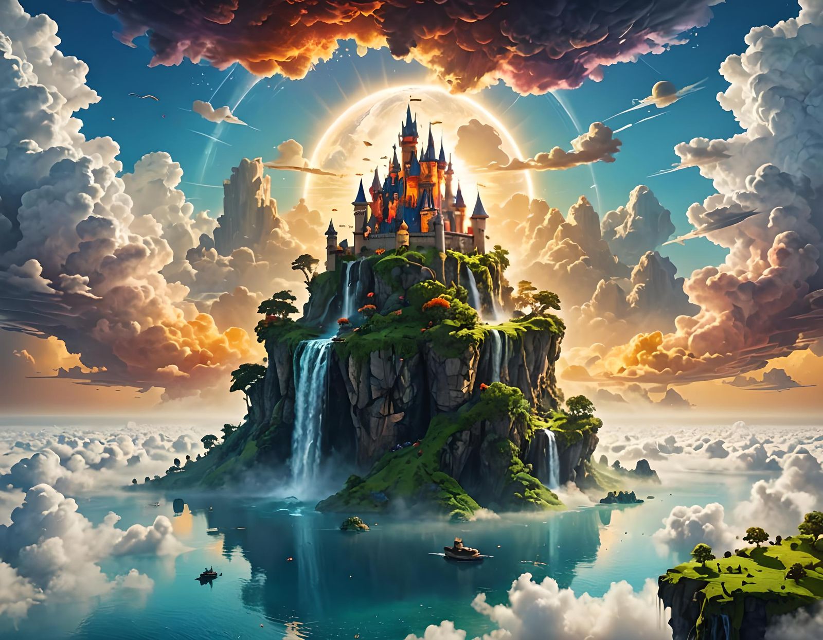 Floating Island Castle with Waterfall in the Clouds