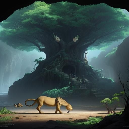 Banyan Tree, Lion and Crocodile in 3D Anime Style