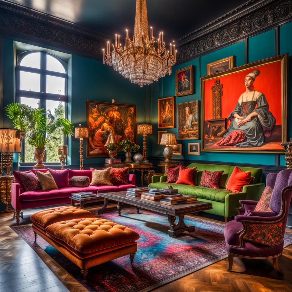 Maximalist Living Room with Bold Colors in HDR