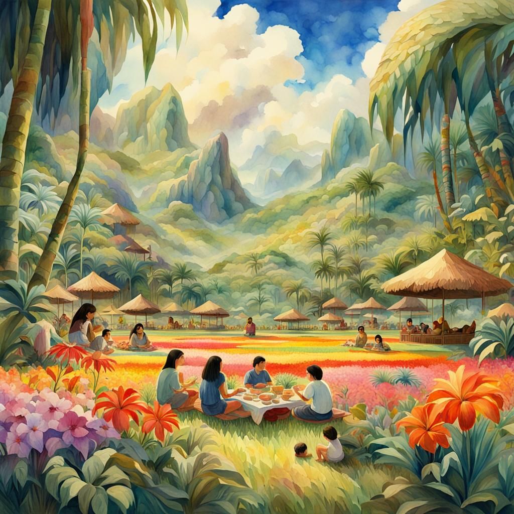 Polynesian Family Picnic in Tropical Flower Field