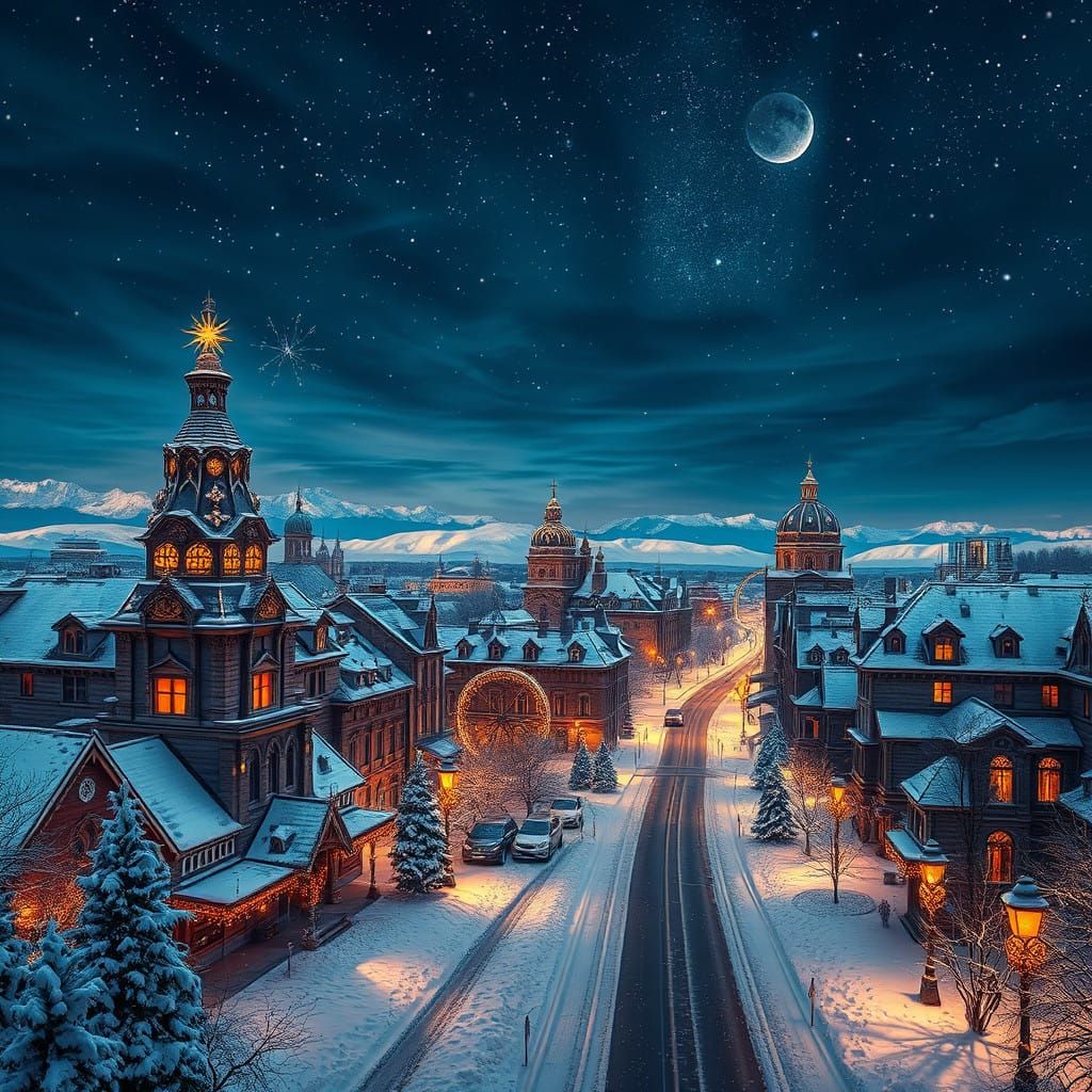 Majestic Winter Cityscape Under Vibrant Night Sky