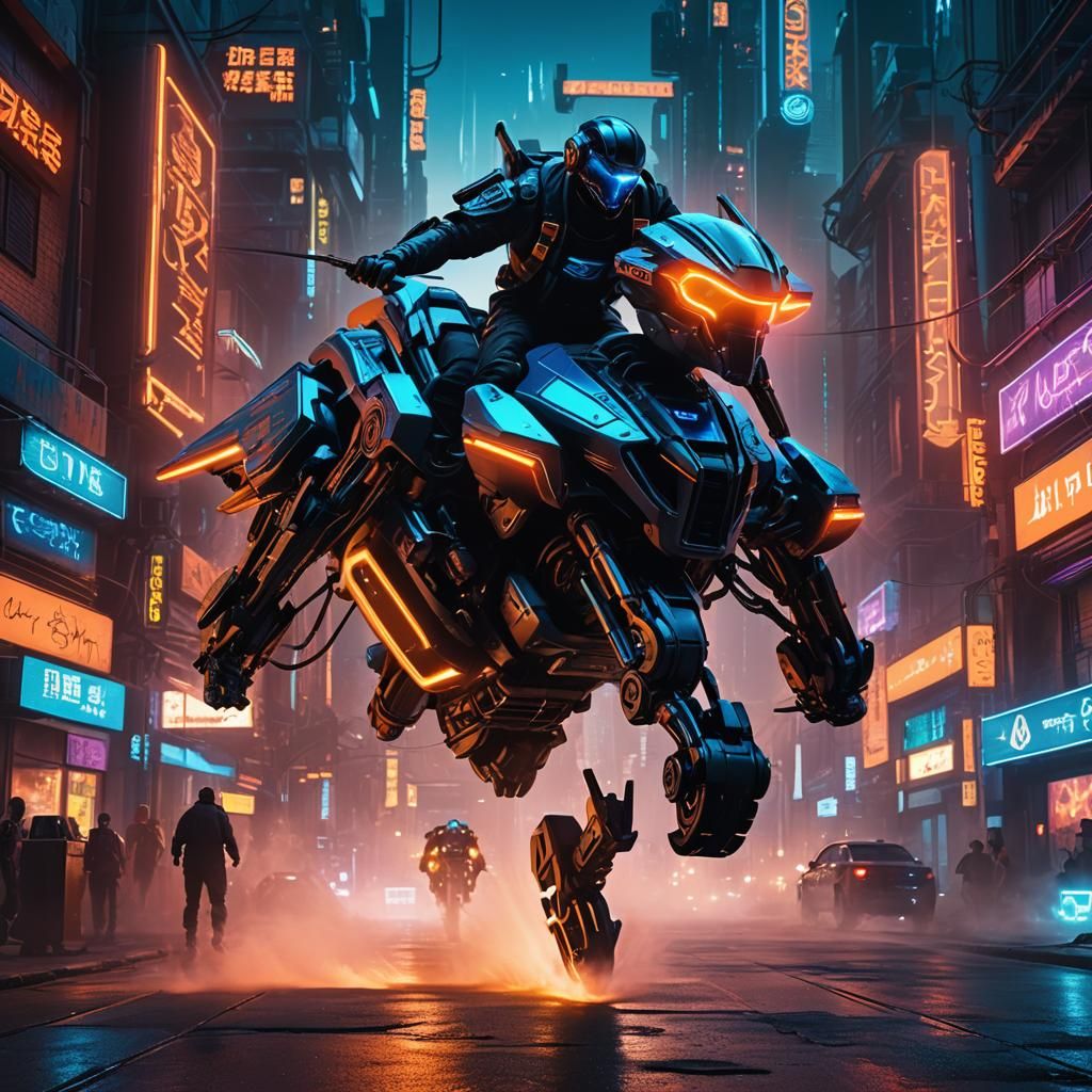 Cyberpunk Creature Rides Hoverbike Through Neon City