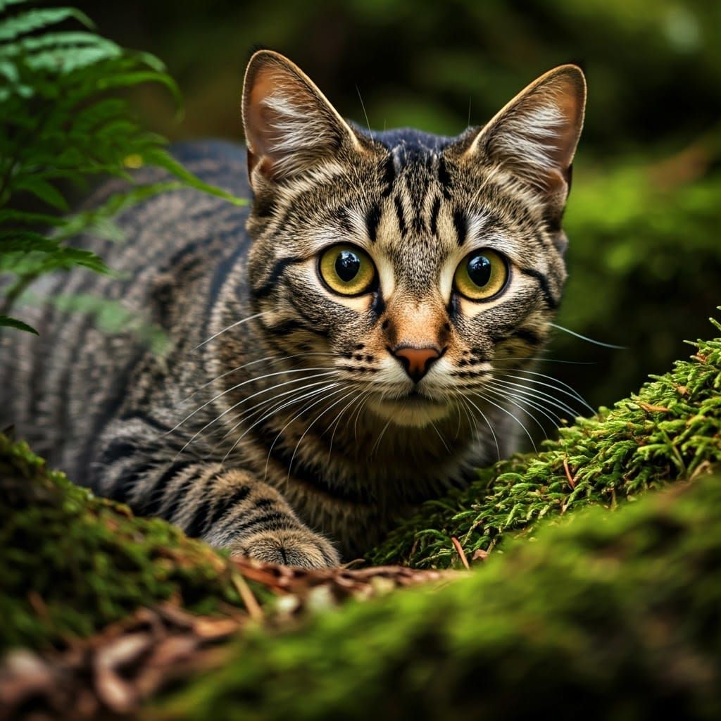 Tabby Cat Crouching in Emerald Forest Underbrush