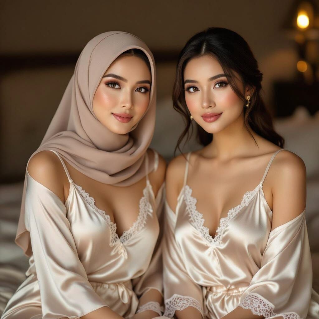 Malaysian Women in Satin Nightdresses with Elegant Hijab