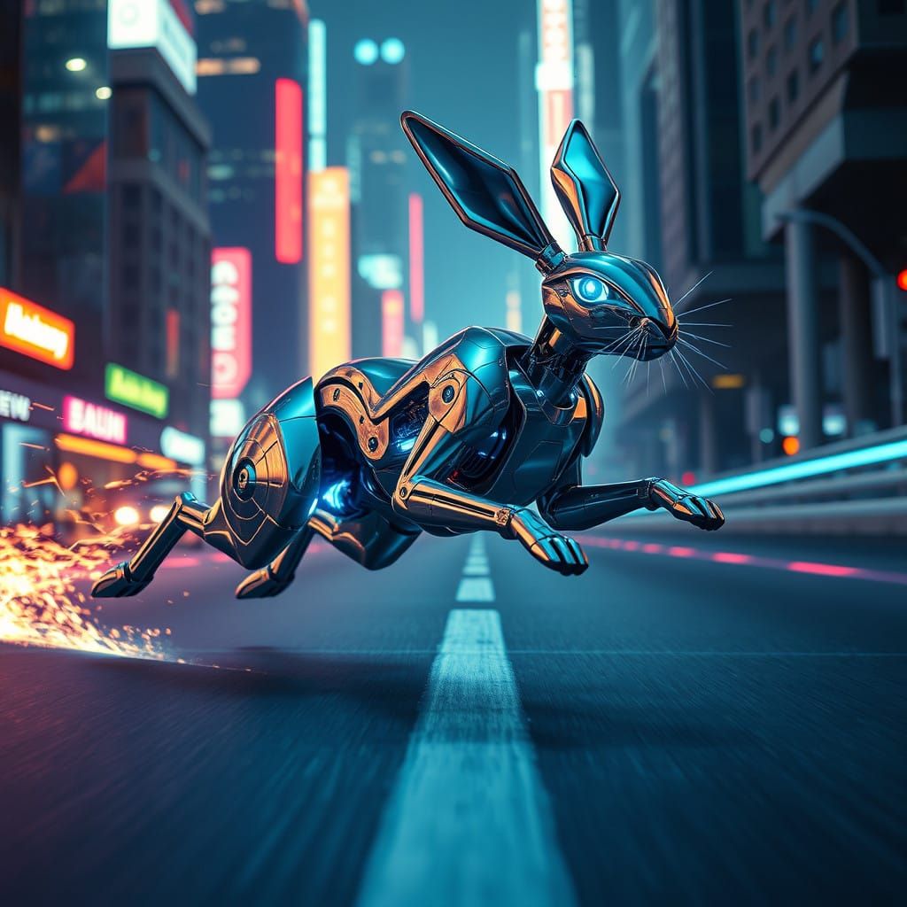 Futuristic Hare Blurs Through Neon City