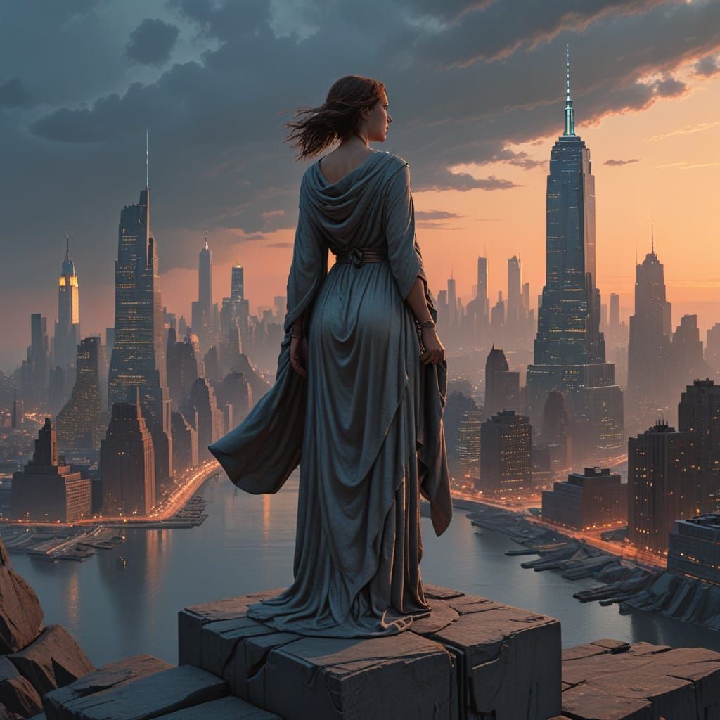 Woman of Liberty in Futuristic Cityscape