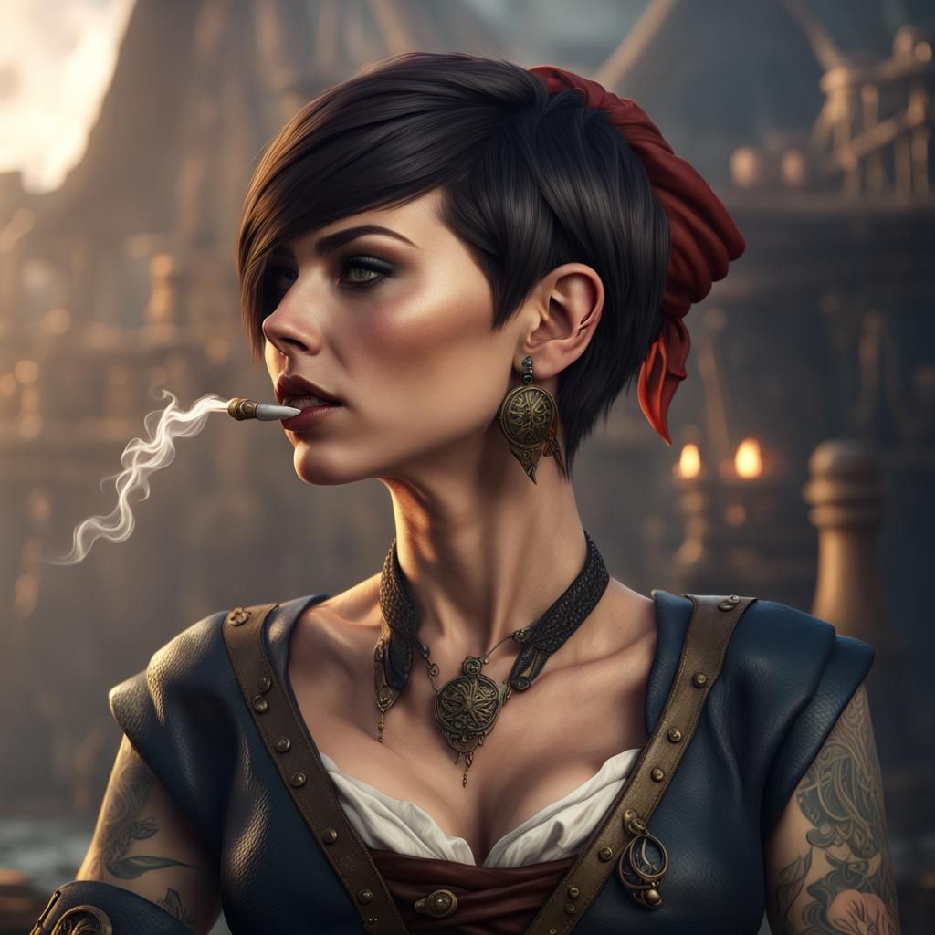 Brunette Pirate Woman with Scimitar in Detailed Digital Pain...