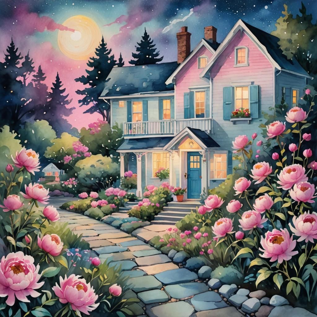 Bright pink Peonies in a line along the front of the house. ...