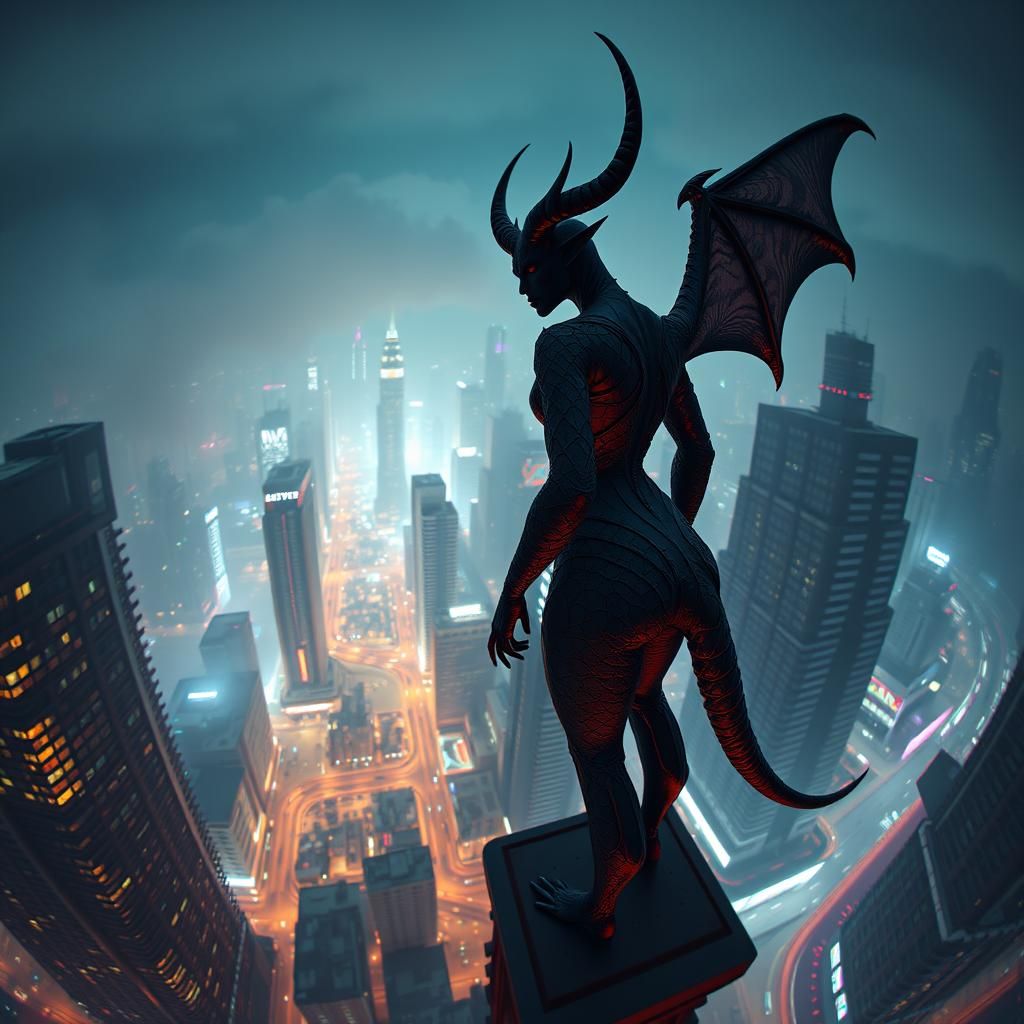 Gargoyle Over Neon City: Cyberpunk Fisheye View