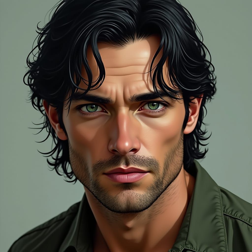 Chiseled, Ruggedly Handsome Man with Piercing Green Eyes