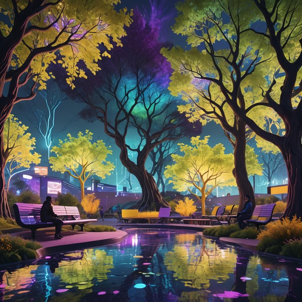 Futuristic Urban Park with Glowing Smart Trees