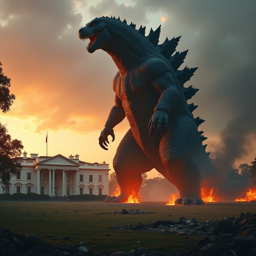 Godzilla Dominates the Ruins of the White House in Fiery Tri...