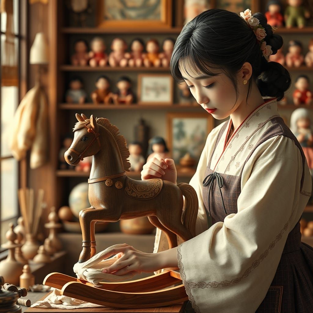 Japanese Woman Repairing Rocking Horse as Renaissance Painti...