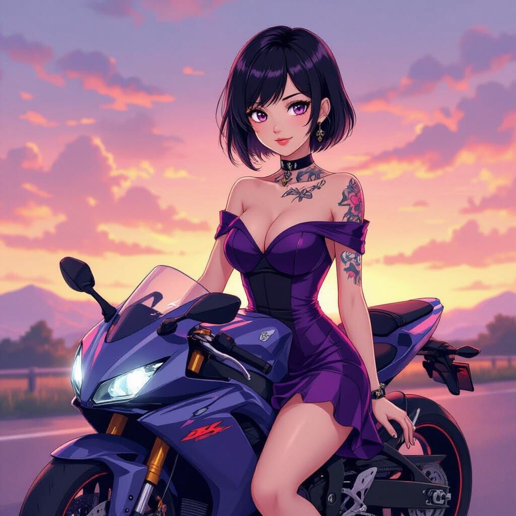 Anime Woman on Motorcycle in Studio Trigger Style