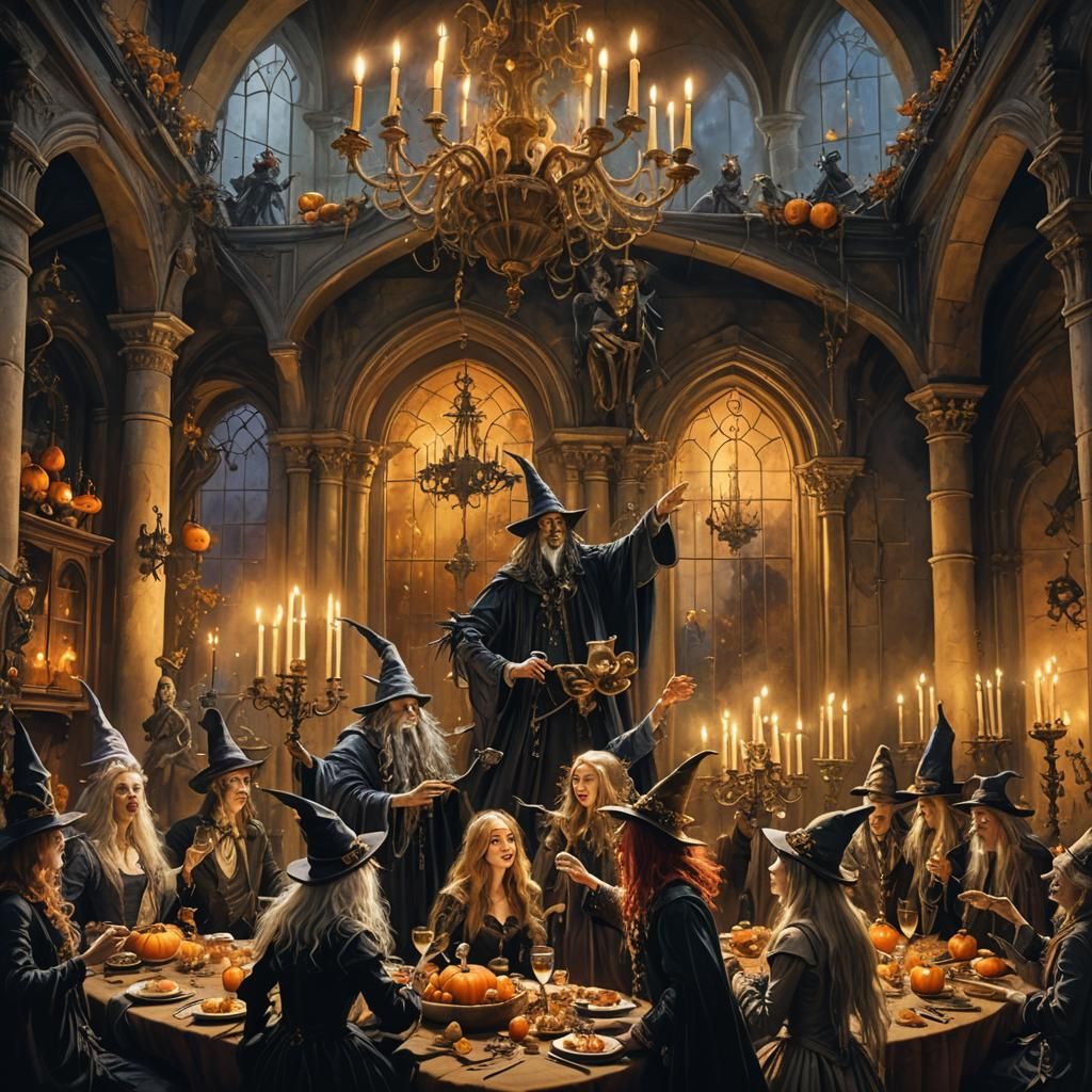 Wizards' Halloween Celebration in Ornate Mansion, Fantasy Ar...