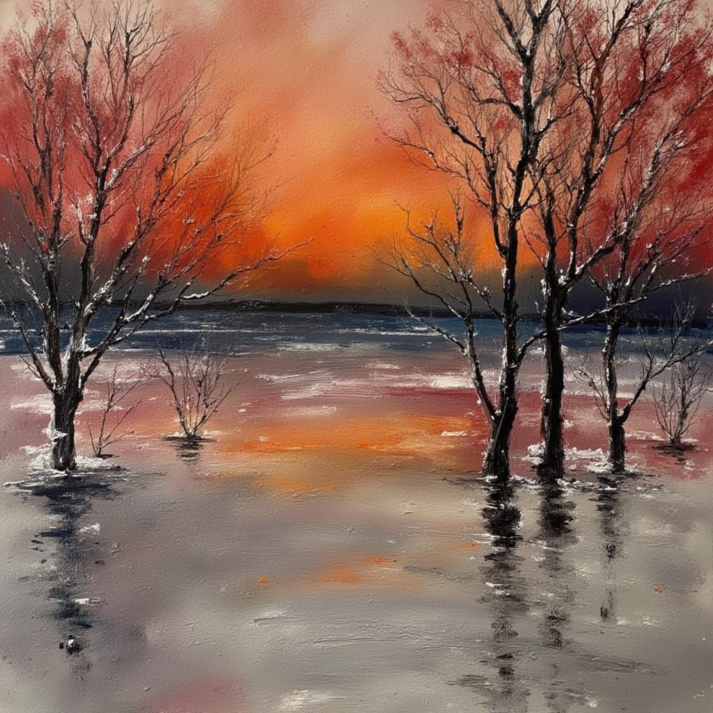 Winter Lake Reflecting Warm Colors in Impressionist Style