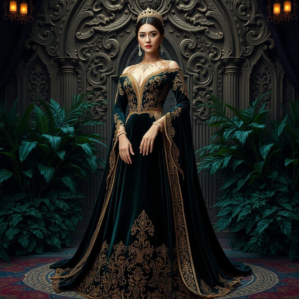 Elegant Queen in Velvet Gown with Golden Embellishments