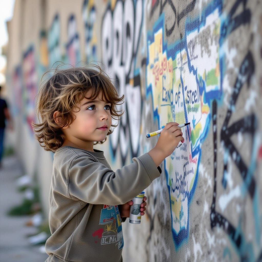 Child Spray-Painting Map on Barrier Wall