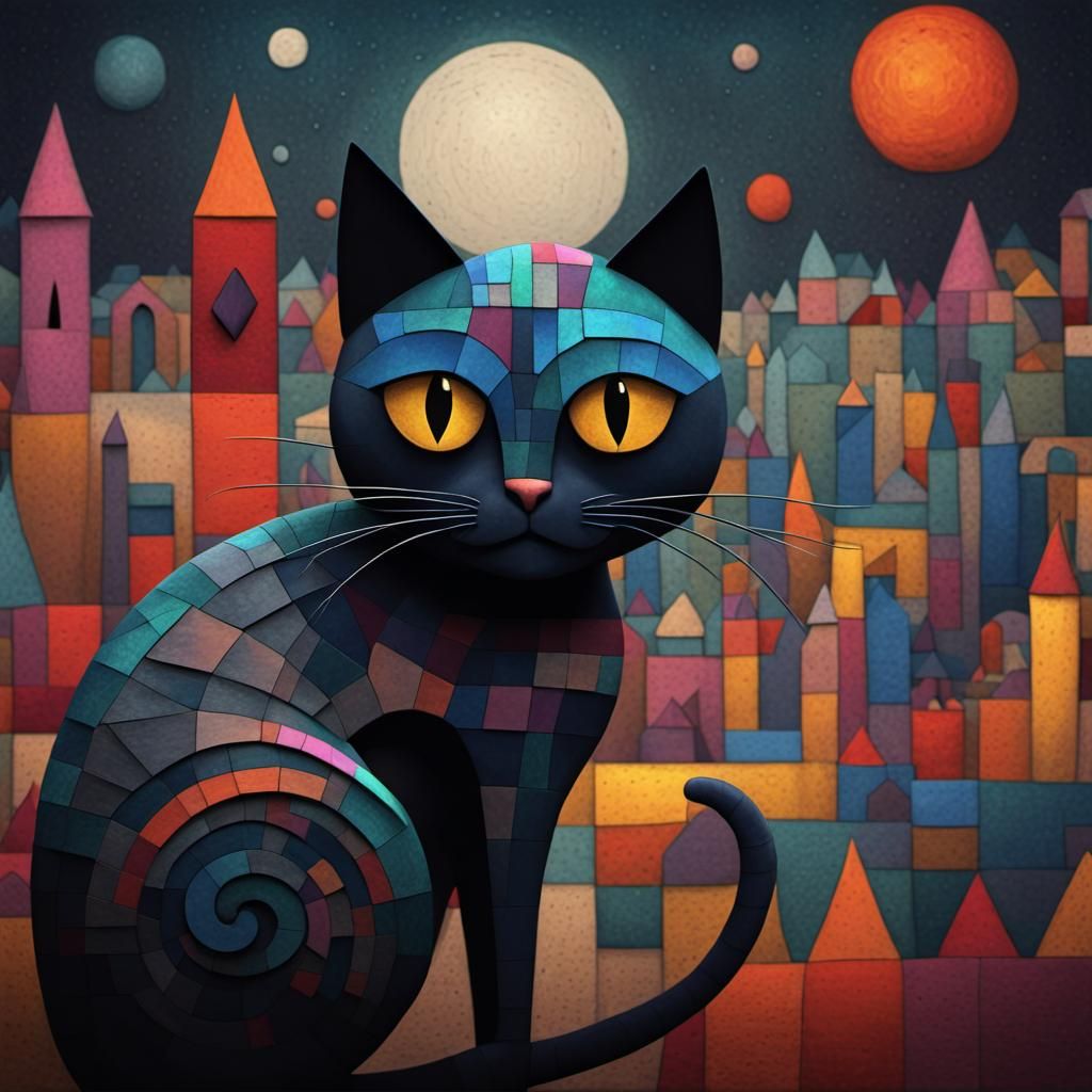 Black Cat Art in Style of Klee