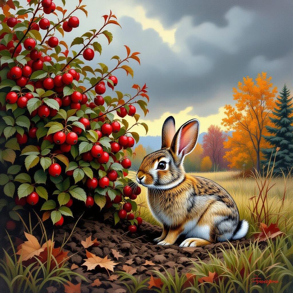 Cottontail Rabbit Prepares Winter Den Under Rose Bush