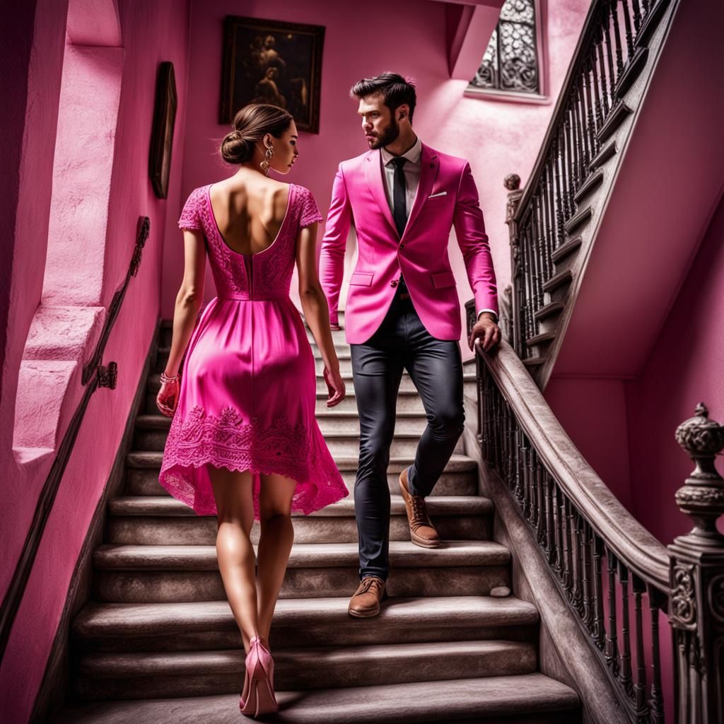 Girl in Pink Dress Coming Down Stairs