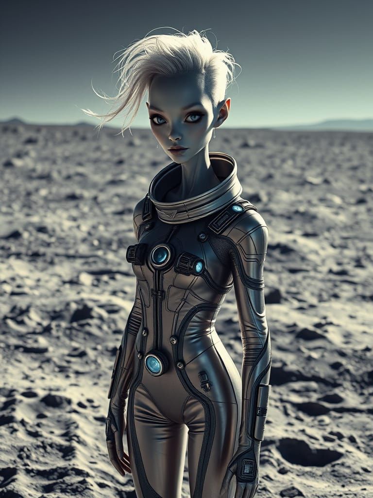 Androgynous Alien in Futuristic Spacesuit on the Lunar Surfa...