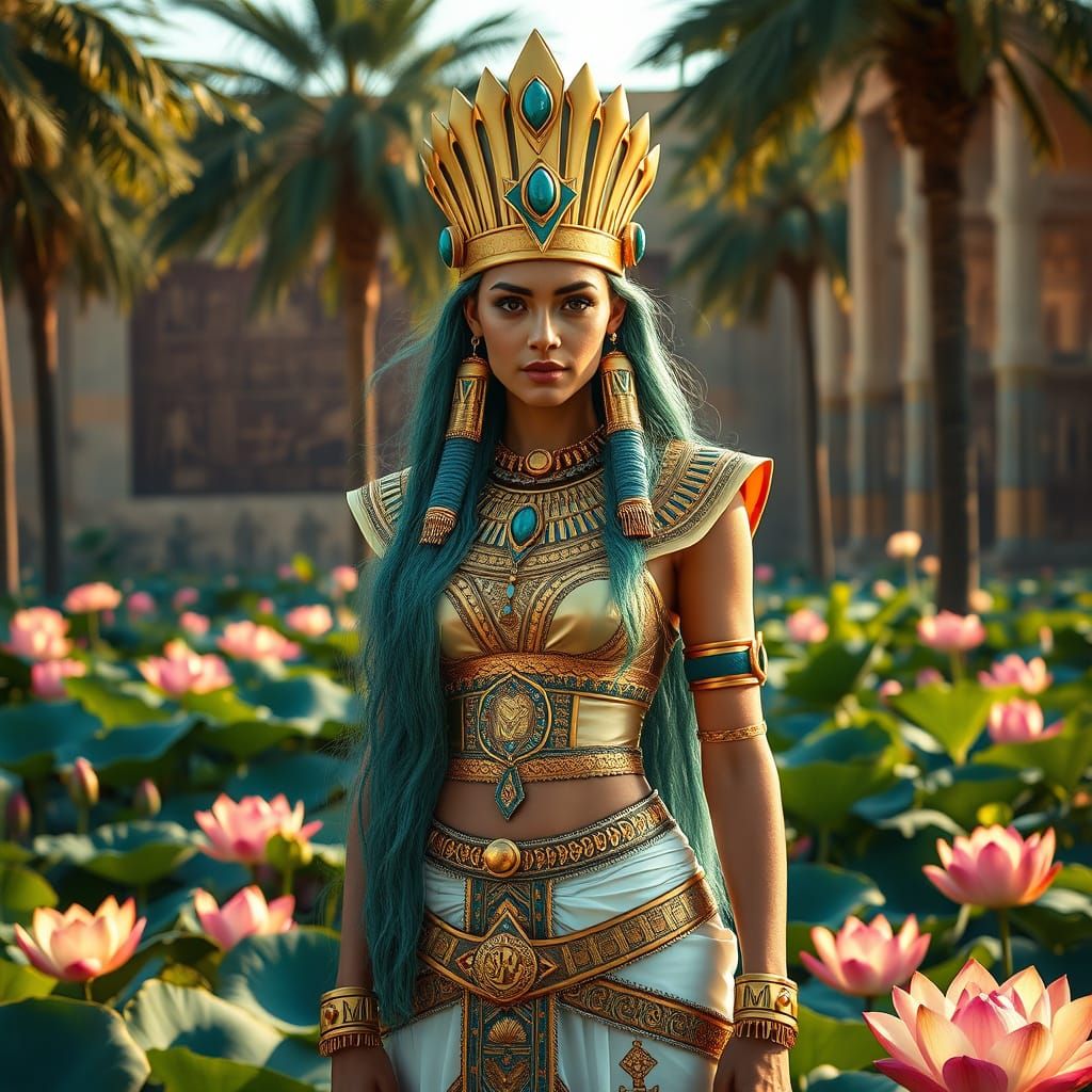 Fantasy Egyptian Queen in Lotus Garden with Golden Headdress
